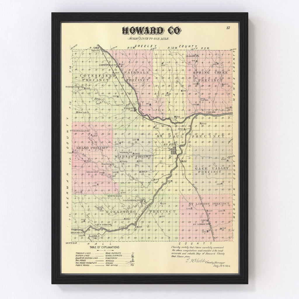 Vintage Map of Howard County, Nebraska 1885