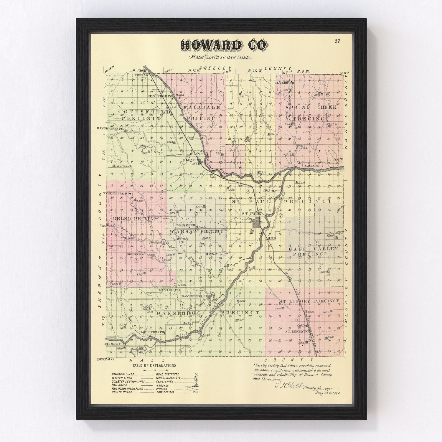 Vintage Map of Howard County, Nebraska 1885
