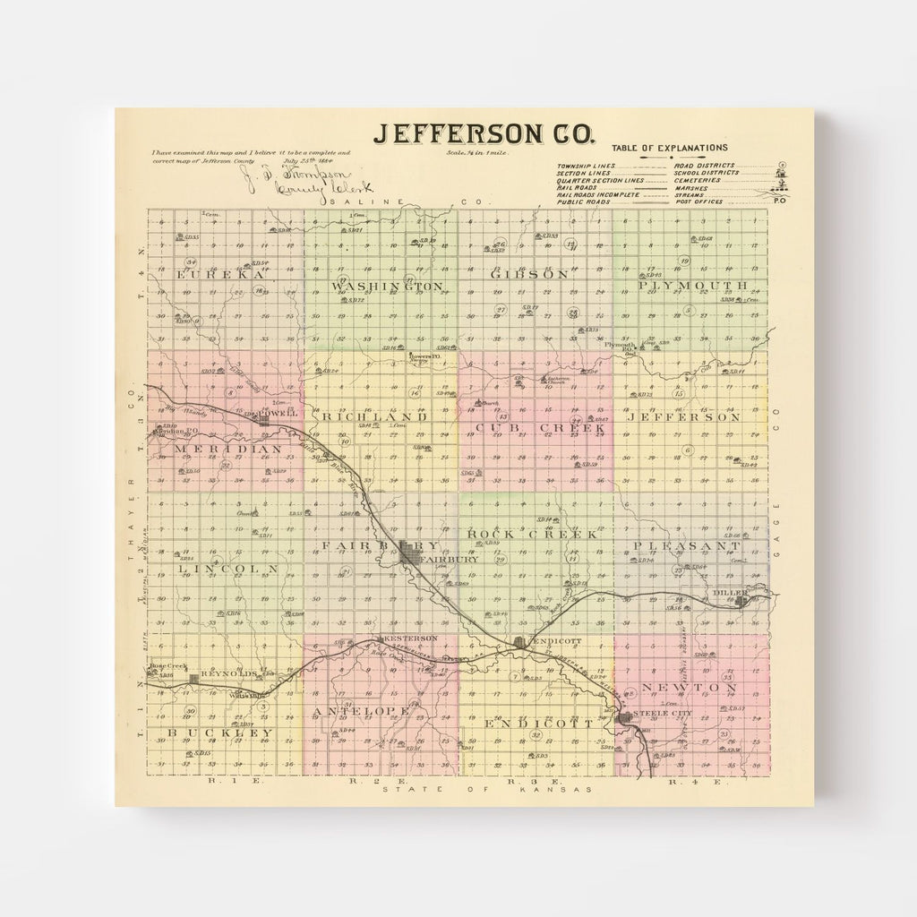 Vintage Map of Jefferson County, Nebraska 1885