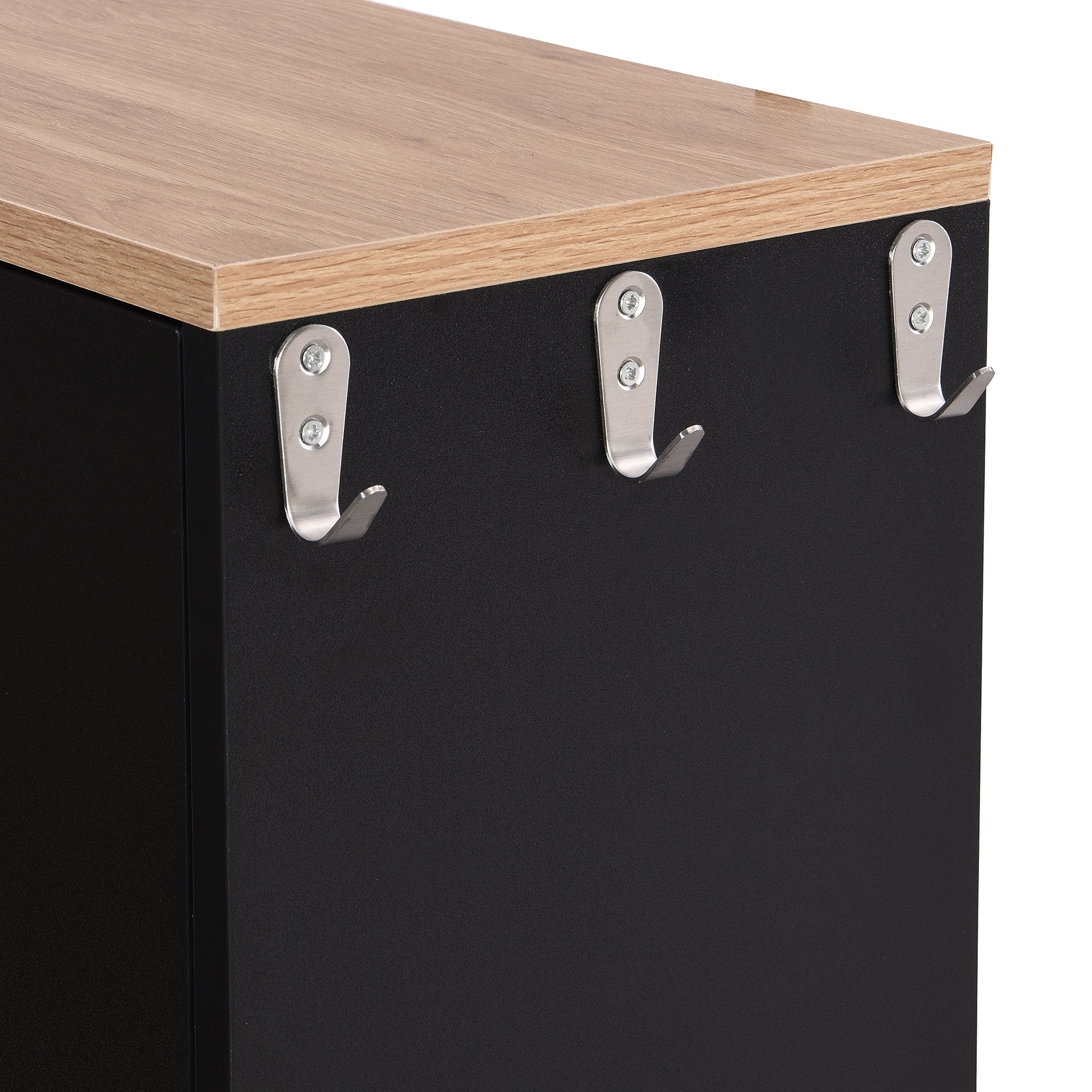 ON-TREND Narrow Design Tipping Bucket Shoe Cabinet with 3 Flip Drawers, Wood Grain Pattern Top Entryway Organizer with 3 Hooks, Free Standing Shoe Rack with Adjustable Panel for Hallway, Black