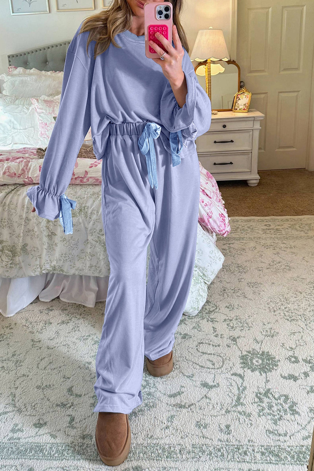 Flounce Long Sleeve Top and Drawstring Pants Set
