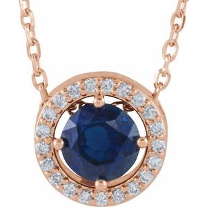 14K Rose Gold Lab-Grown Blue Sapphire & .05 CTW Natural Diamond Halo-Style 16" Necklace