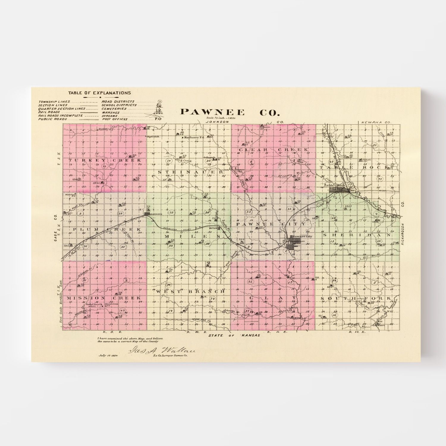 Vintage Map of Pawnee County, Nebraska 1885