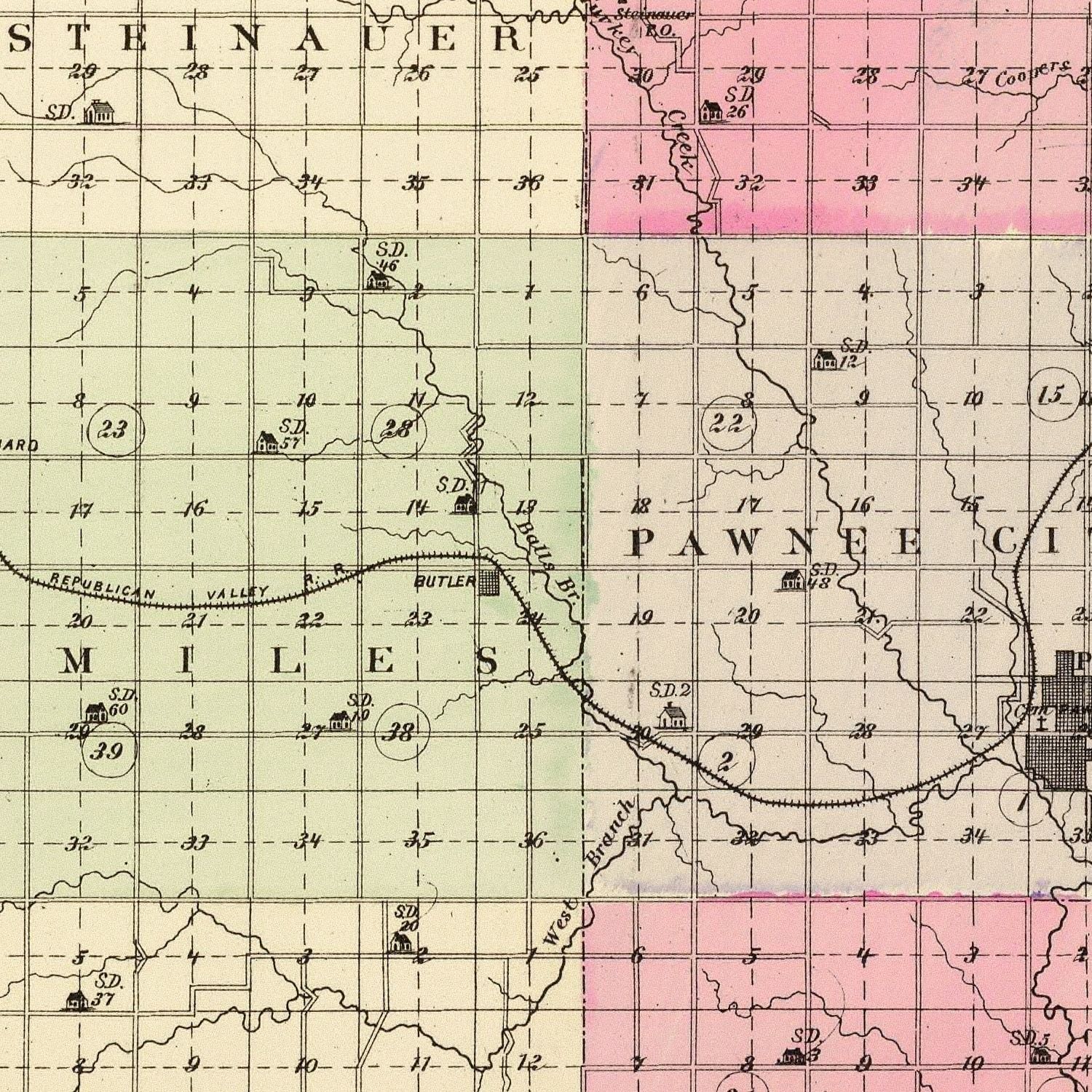 Vintage Map of Pawnee County, Nebraska 1885