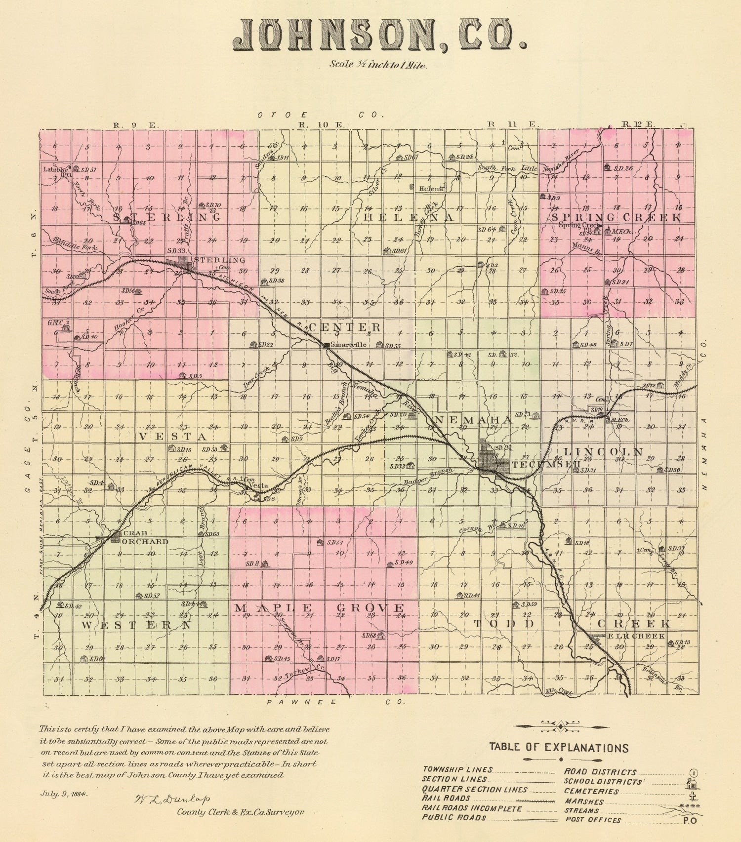 Vintage Map of Johnson County, Nebraska 1885