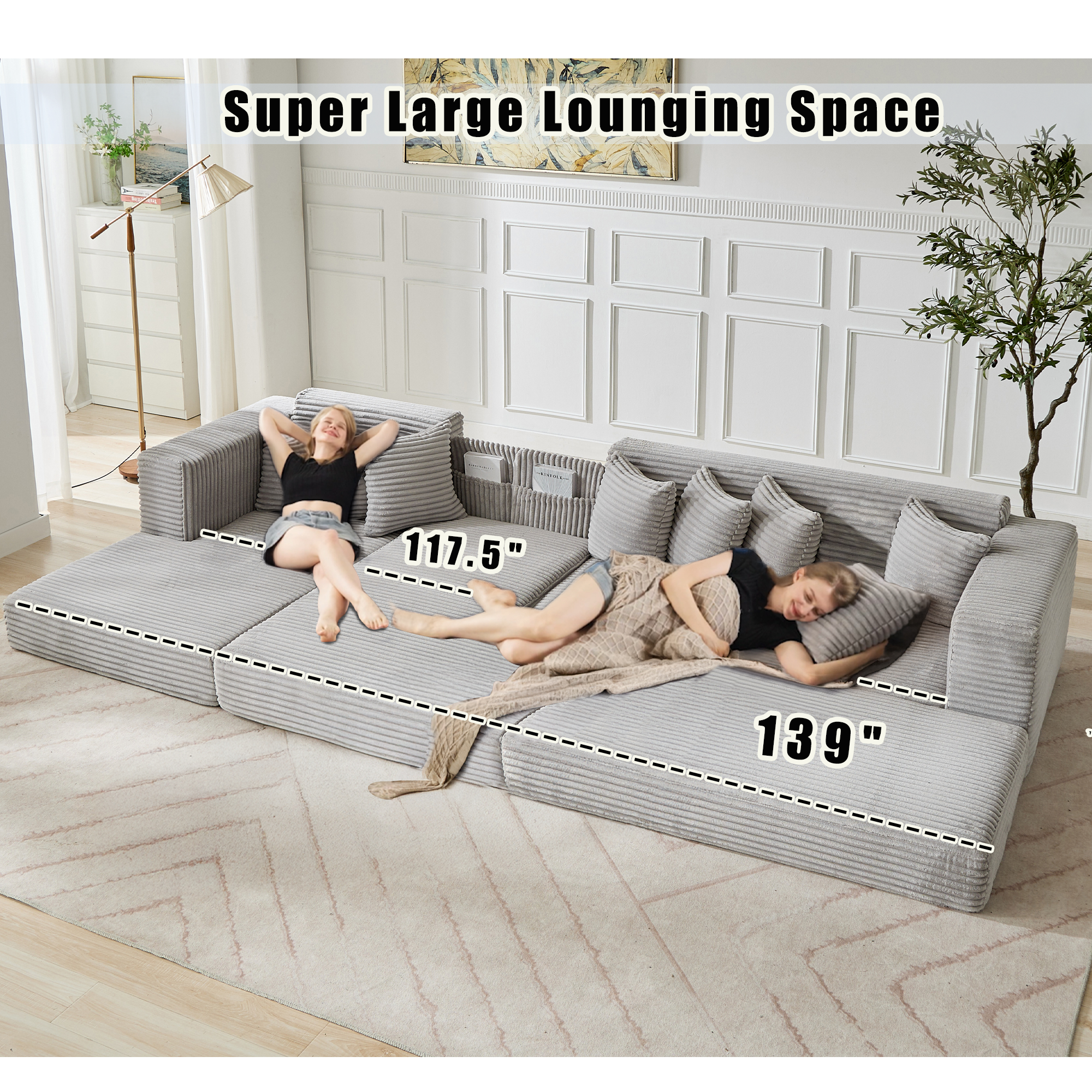 [NEW ARRIVED] [VIDEO PROVIDED]   Oversize Cloud Couch, L-Shape Sofa, Convertible Floor Sleeper Sofa Bed,  No Assembly ,Eight pillows,3-in-1,Side Pocket,(Left Facing Sofa),3 Seat,Corduroy,Light Gray