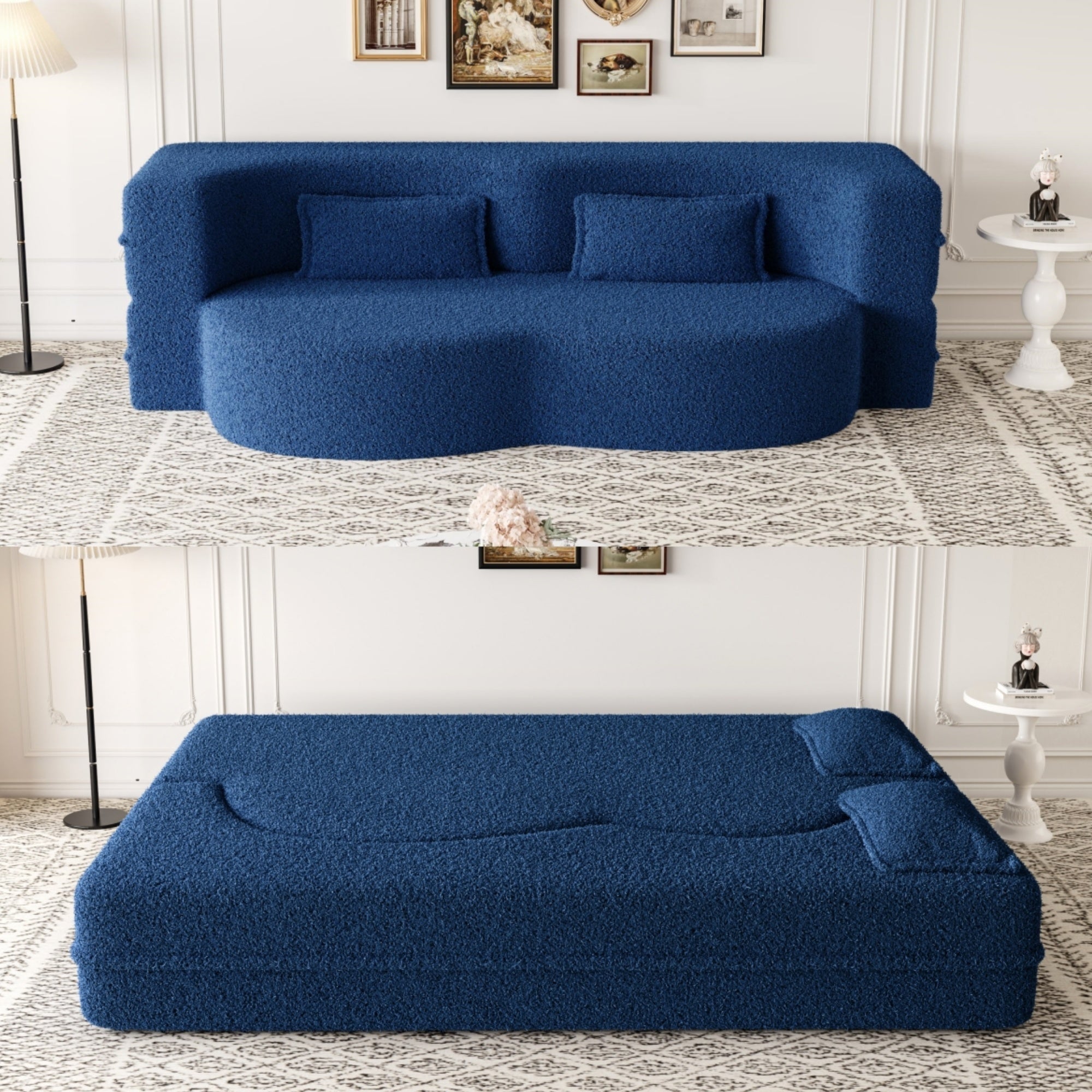 Modern Floor Sofa with 2 Pillows,Convertible Teddy Fabric Foam Filled Sleeper Sofa Bed,15 ' Full Size Folding Mattress for Living Room,Guest Bed,Playroom,no assembly required,Blue