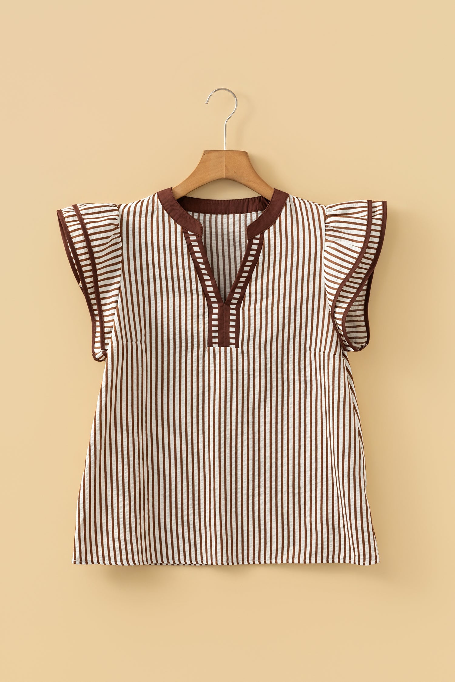 Double Stripe Ruffle Short Sleeve V-Neck Blouse