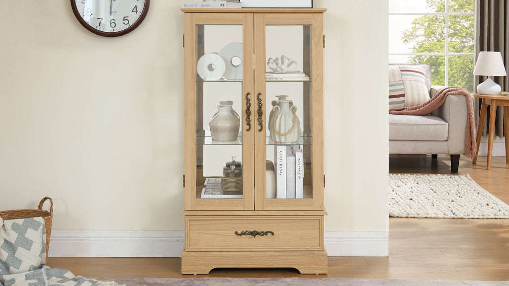 Lighted Glass Curio Display Cabinet with Adjustable Shelves - 2 Doors, 1 Drawer, LED Lights, Elegant Light Oak Finish