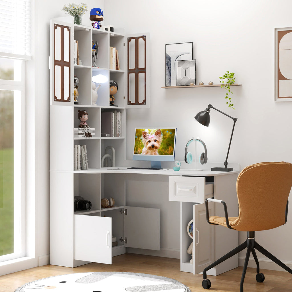 L-Shaped Corner Computer Desk  for Home Office or Study desk, Study Modern Style Table with Drawers, Bookshelf & Hutch, 2-in-1 L-Shaped Design, Large Working Space,white