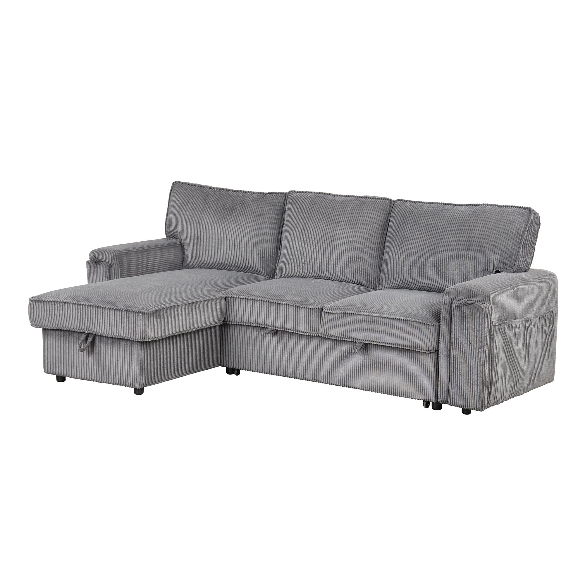 U_STYLE Upholstery Sleeper Sectional Sofa with Storage Bags and 2 cup holders  on Arms