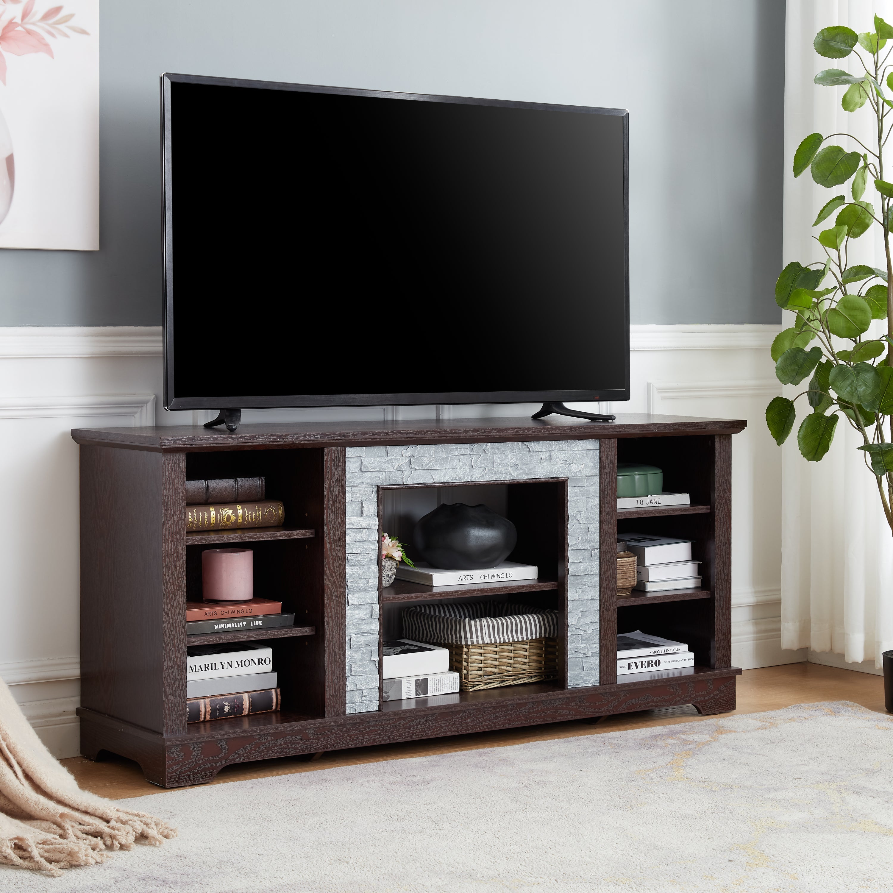 TV Media Stand with with Faux Stacked Stone Surround, Modern Entertainment Console with Open Storage Space, Cherry, 58.31'W*15.39'D*26.06'H