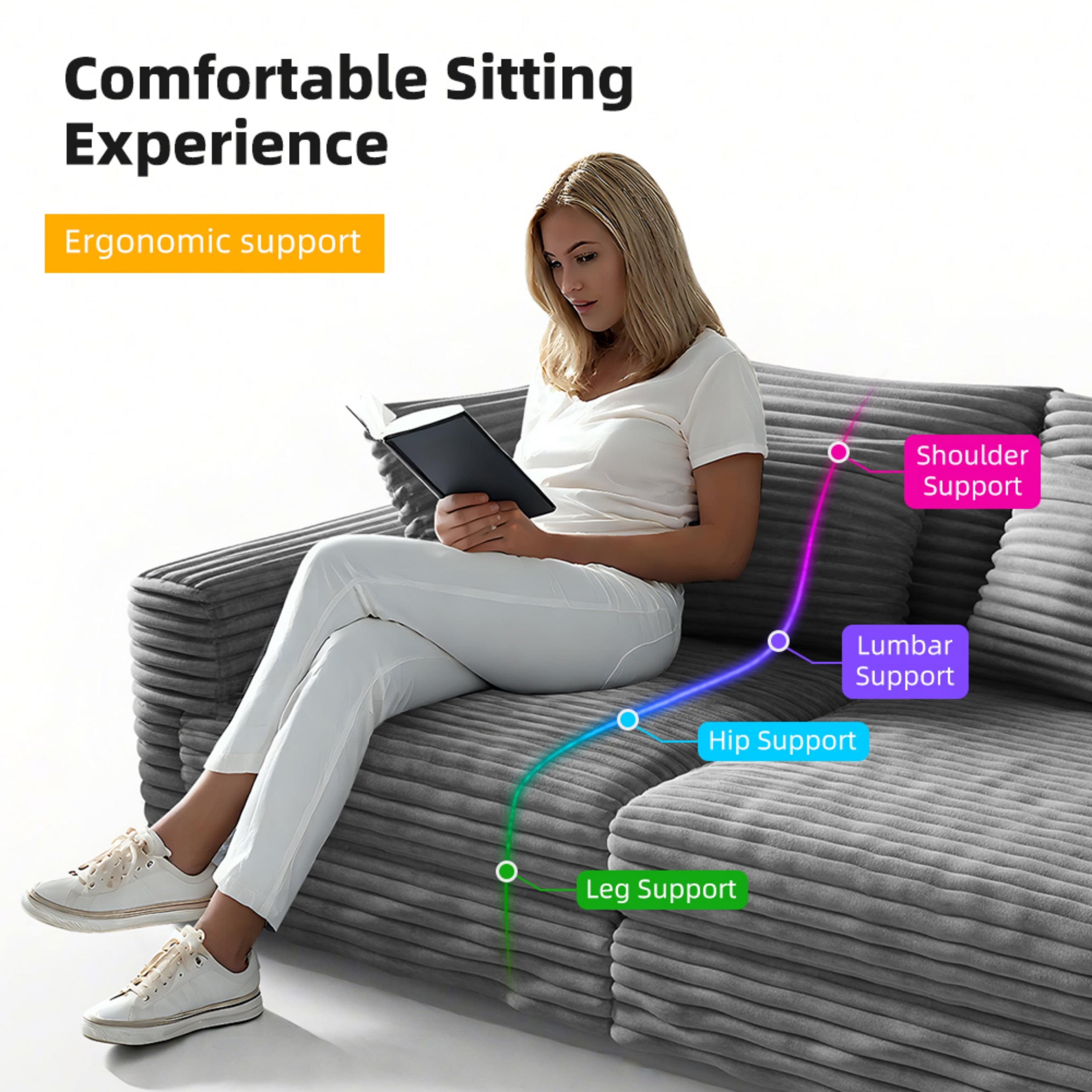 104.3 ' Plush Corduroy 4-Seat Sofa, Modern Comfy Upholstered Sofa Cloud Couch, Deep Seat Couches with Soft Pillows and 2 Ottomans, Convertible Sofa Lounge Chair, for Living Room,Apartment,Office,Grey