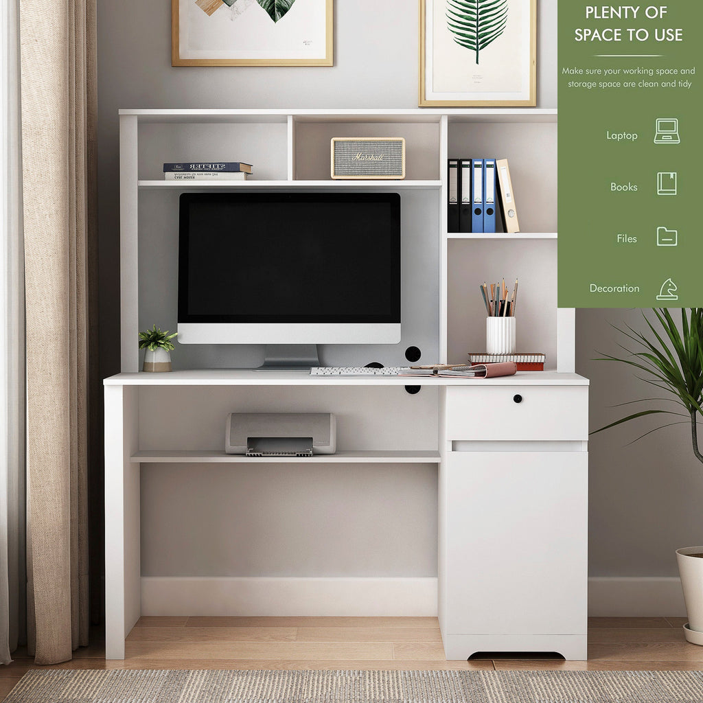 Modern Wooden Computer Desk with Hutch & Bookshelf, White Home Office Desk with Drawers, 3 AC Outlets, 2 USB Ports