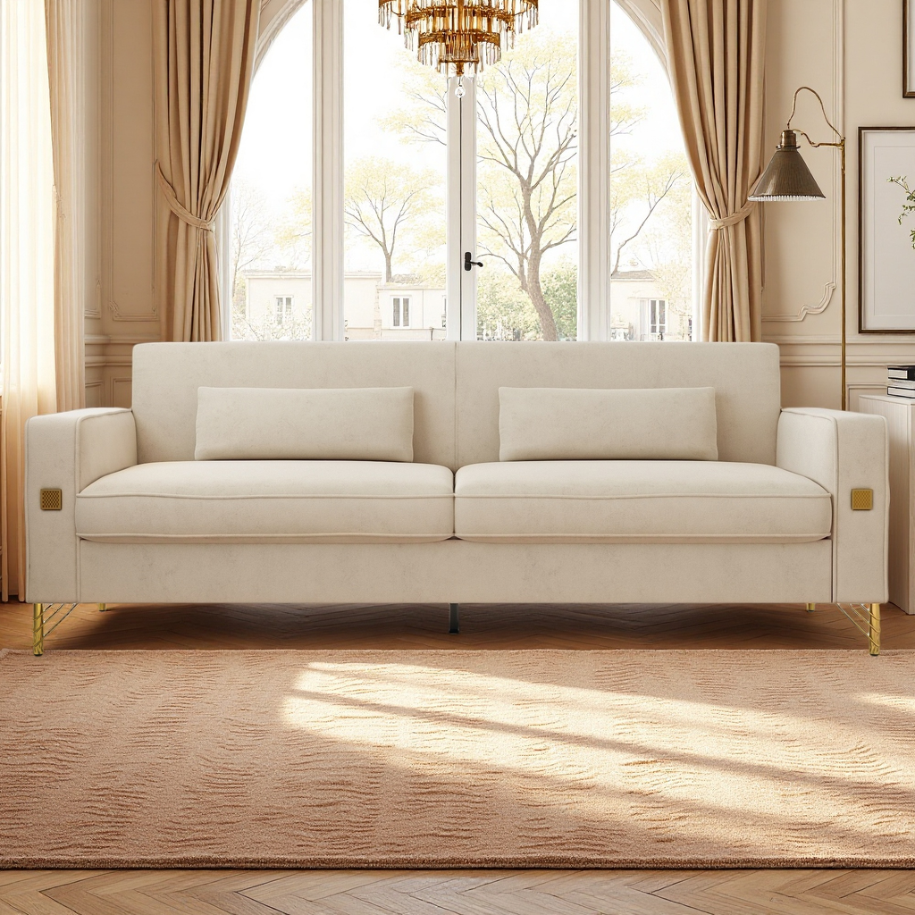 FX-P18-BE(SOFA)Modern Beige Sofa Couch for Living Room, 85.83' Upholstered 3-Seater Sofa with Metal Legs & Pillows, Minimalist Style