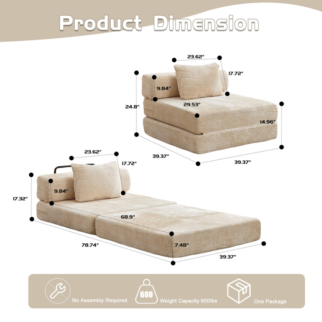 Compression Sofa,Convertible Floor Sofa Bed with Fixed-Shape Frame,Single Seater Boneless Modular Sectional Sofa,No Assembly Required,Chenille fabric,for Living Room Bedroom,Beige