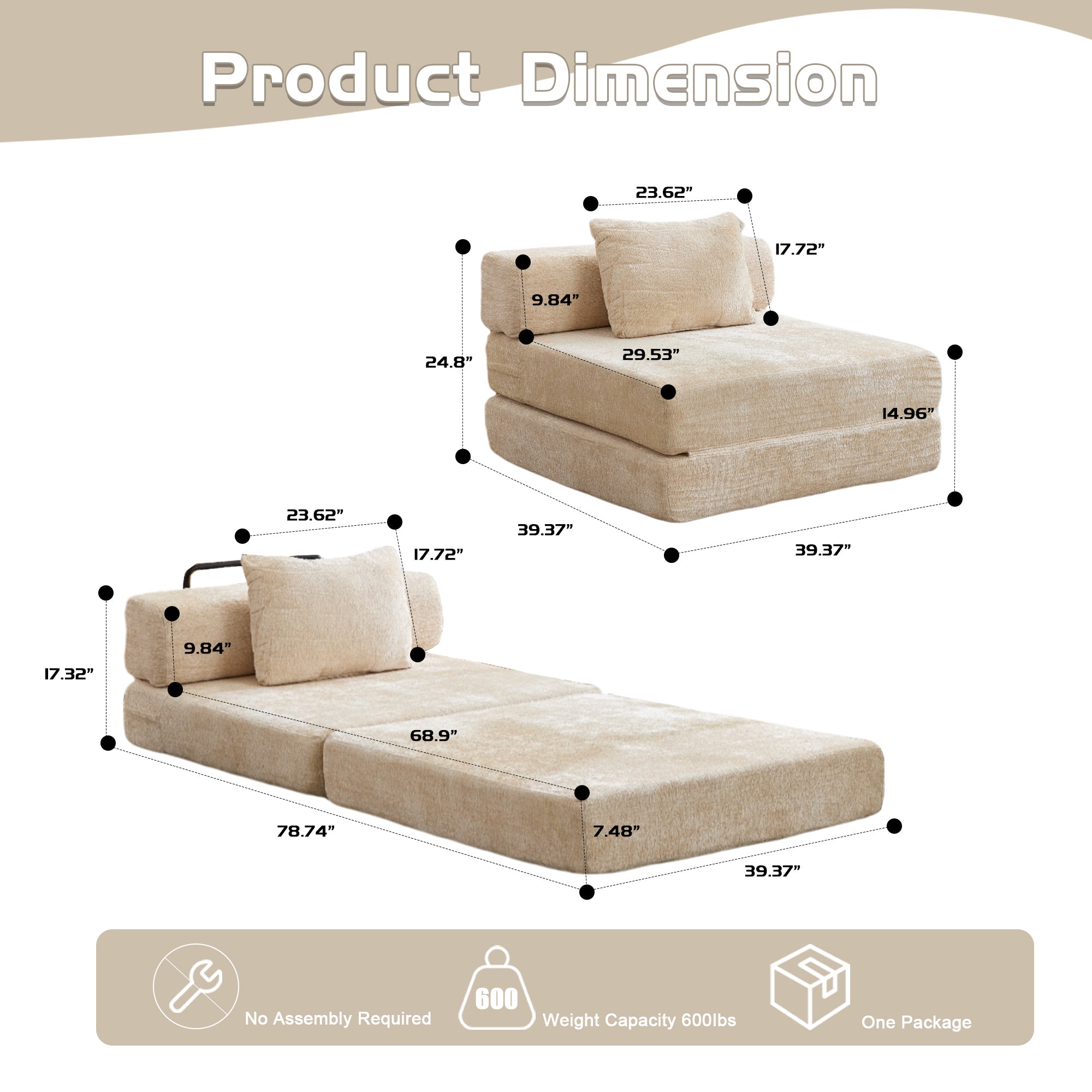 Compression Sofa,Convertible Floor Sofa Bed with Fixed-Shape Frame,Single Seater Boneless Modular Sectional Sofa,No Assembly Required,Chenille fabric,for Living Room Bedroom,Beige