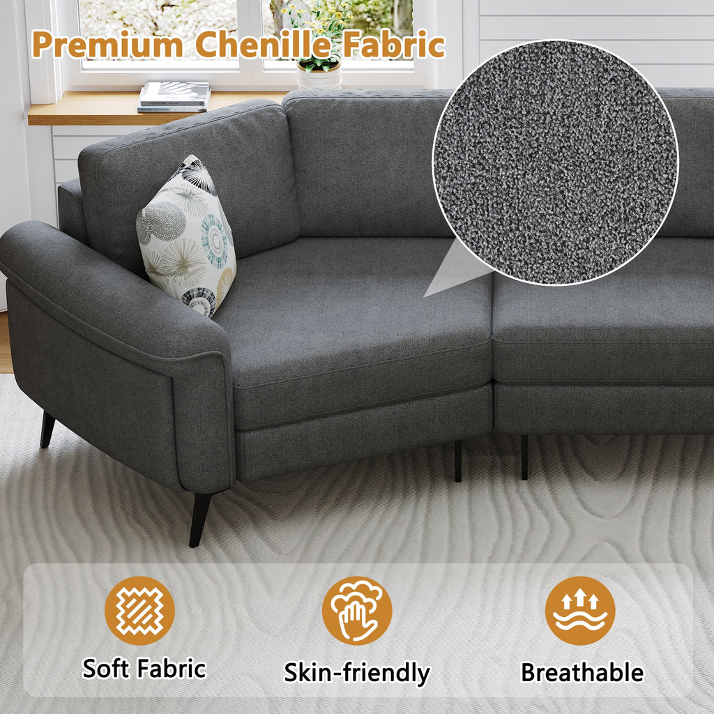 111' Upholstered 3-seater Sofa Curved Sofa Couch with Two Printed Pillows for Living Room, Dark Gray