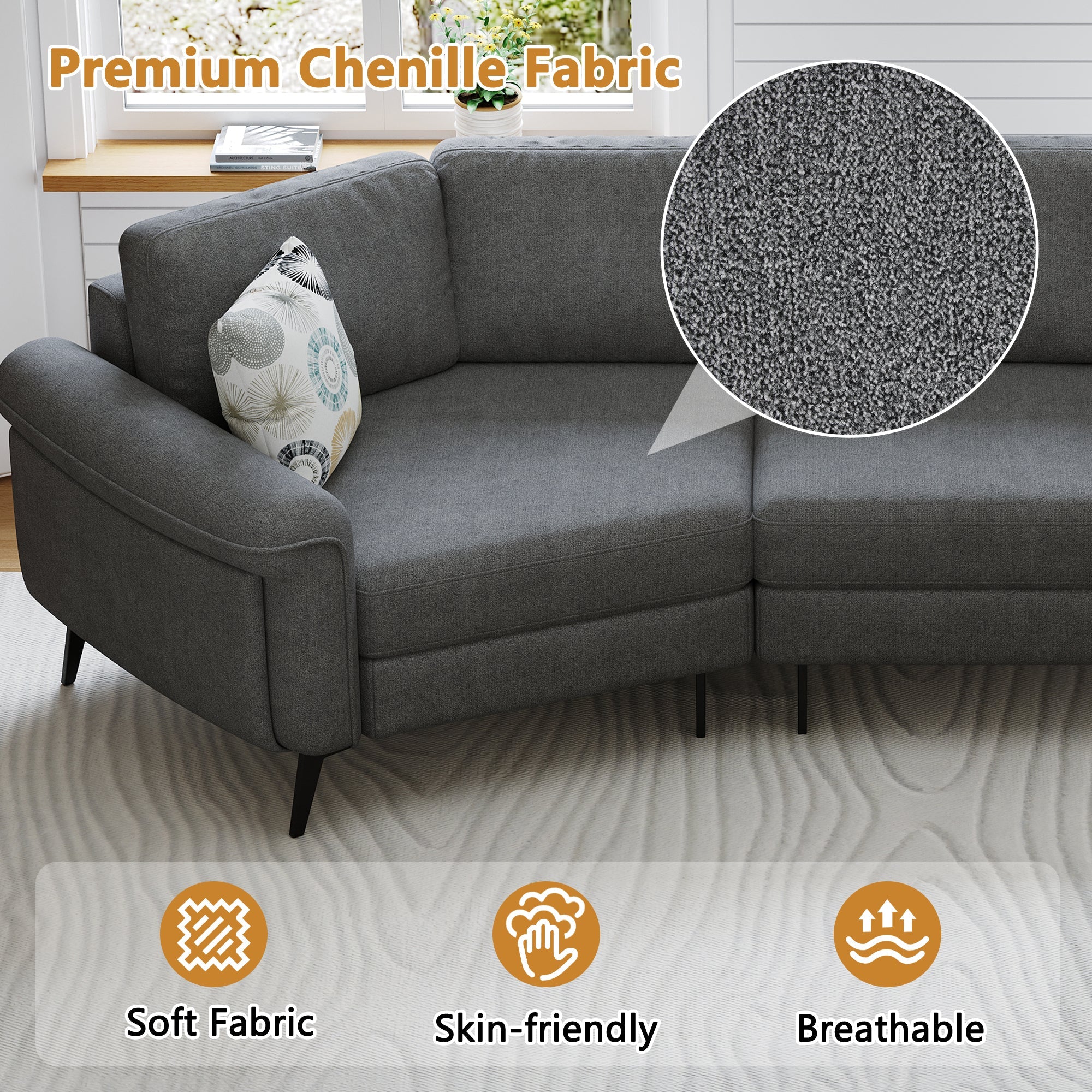111' Upholstered 3-seater Sofa Curved Sofa Couch with Two Printed Pillows for Living Room, Dark Gray