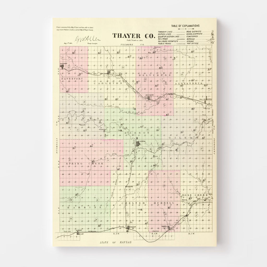 Vintage Map of Thayer County, Nebraska 1885