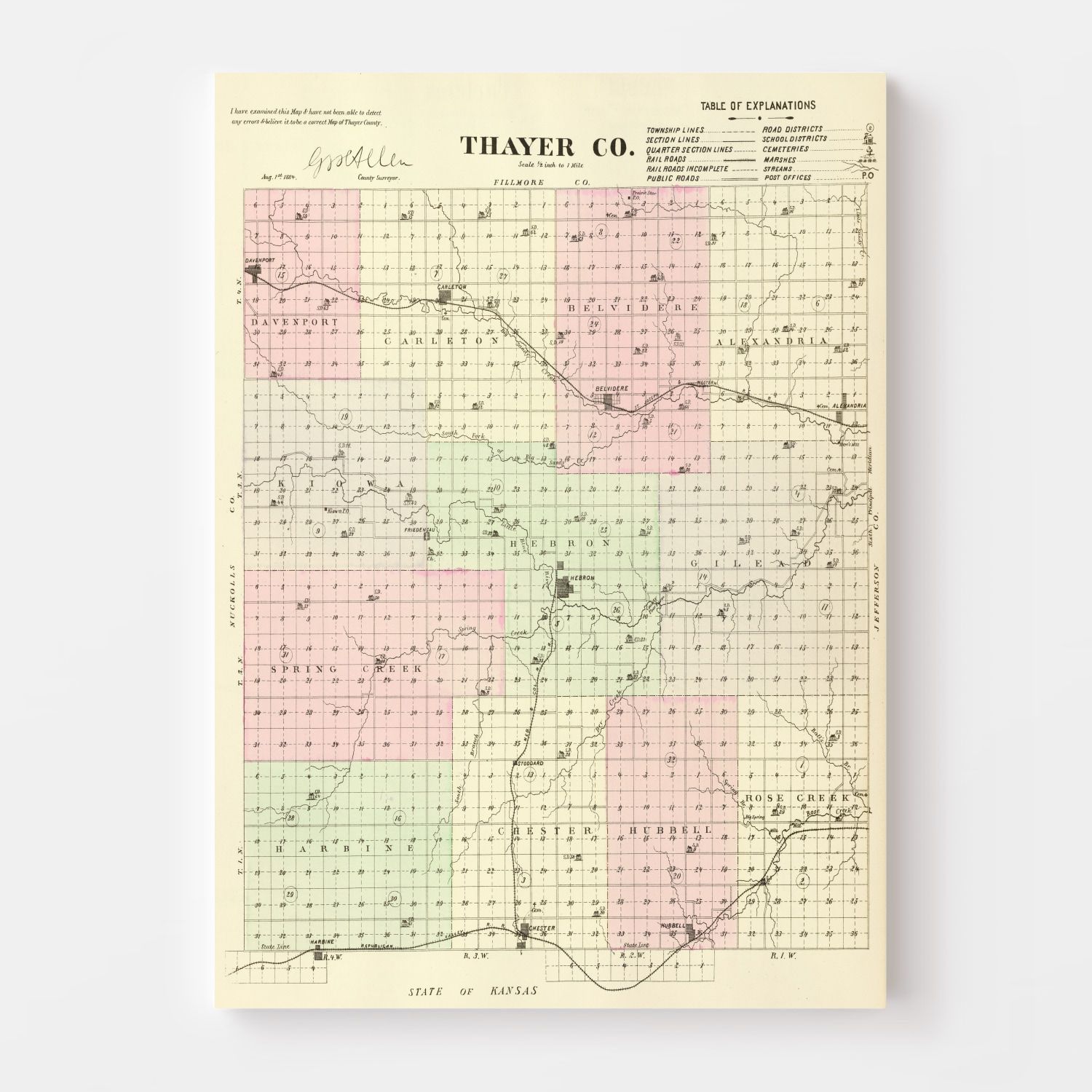 Vintage Map of Thayer County, Nebraska 1885