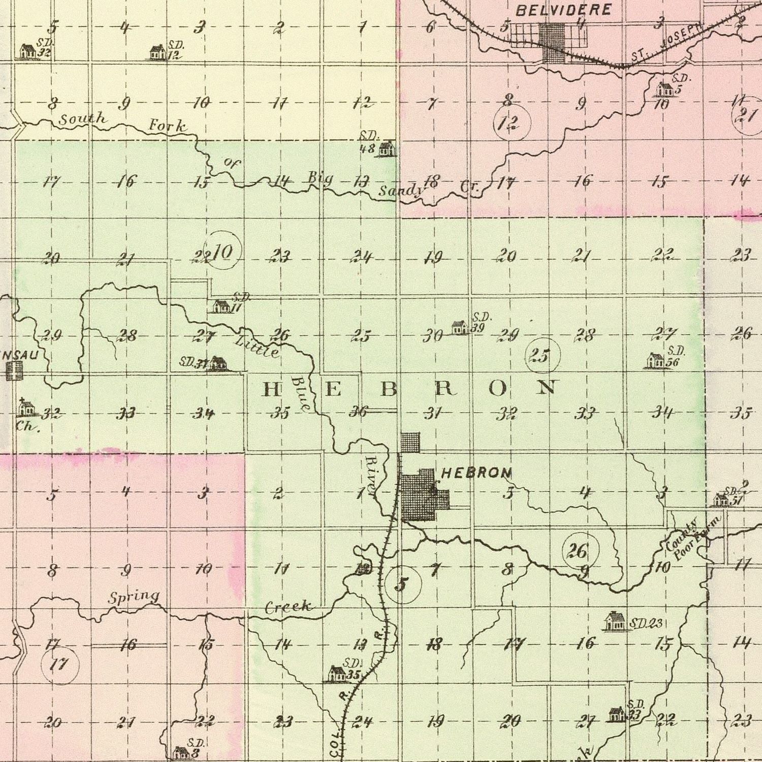 Vintage Map of Thayer County, Nebraska 1885