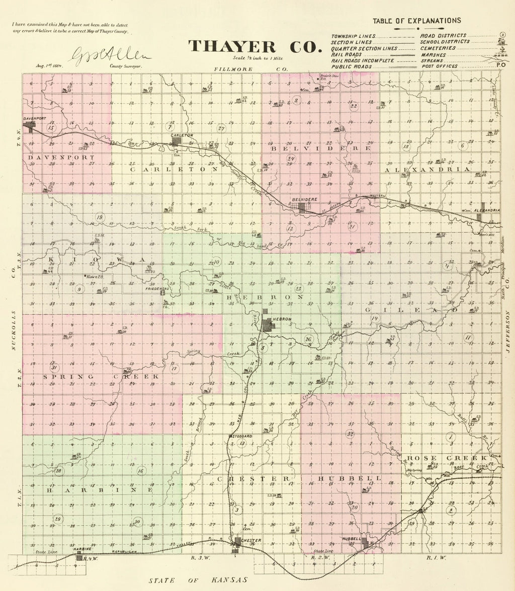 Vintage Map of Thayer County, Nebraska 1885