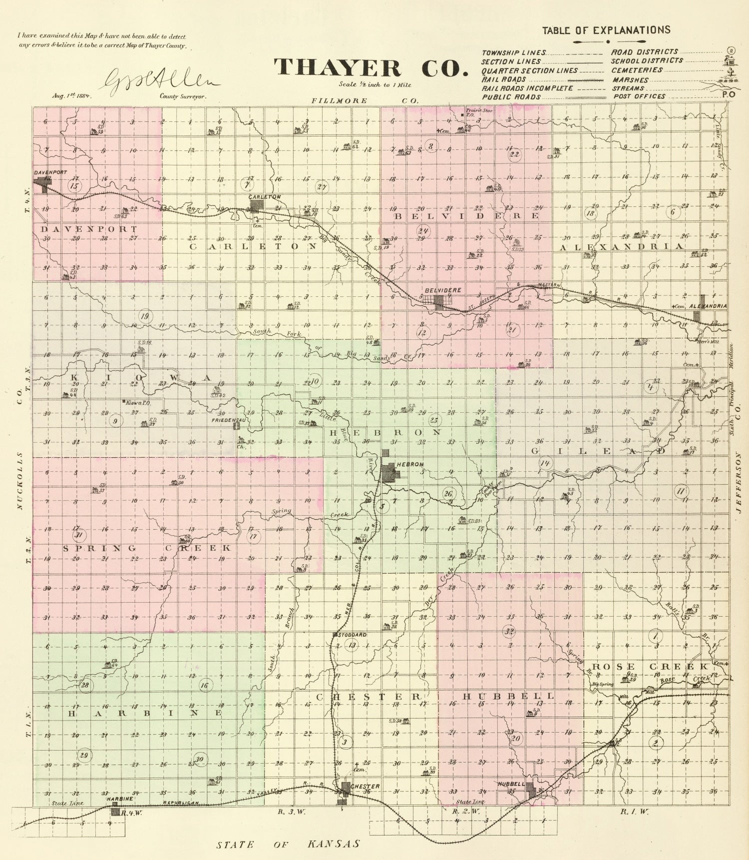 Vintage Map of Thayer County, Nebraska 1885