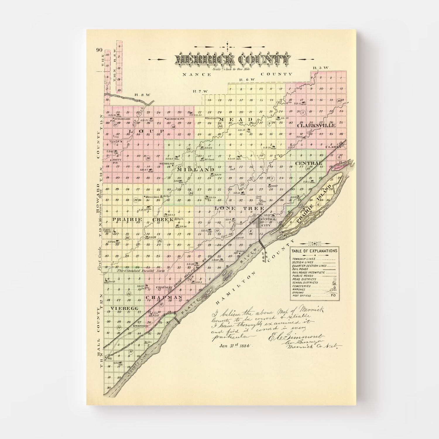 Vintage Map of Merrick County, Nebraska 1885