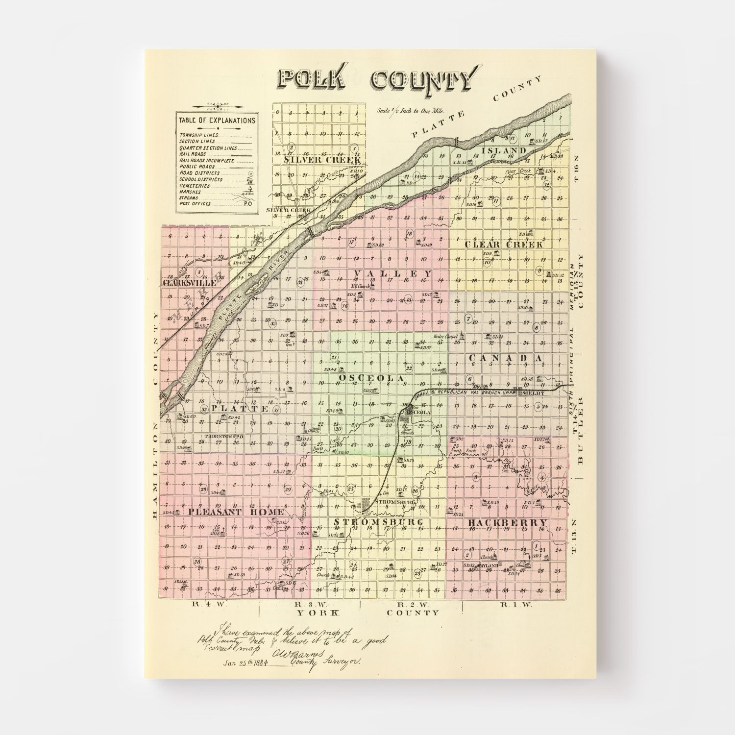 Vintage Map of Polk County, Nebraska 1885