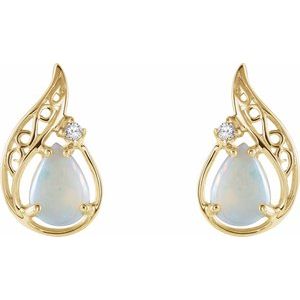 14K Yellow Gold Natural White Opal & .03 CTW Natural Diamond Earrings