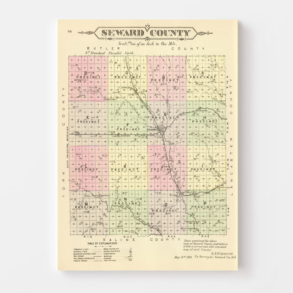 Vintage Map of Seward County, Nebraska 1885