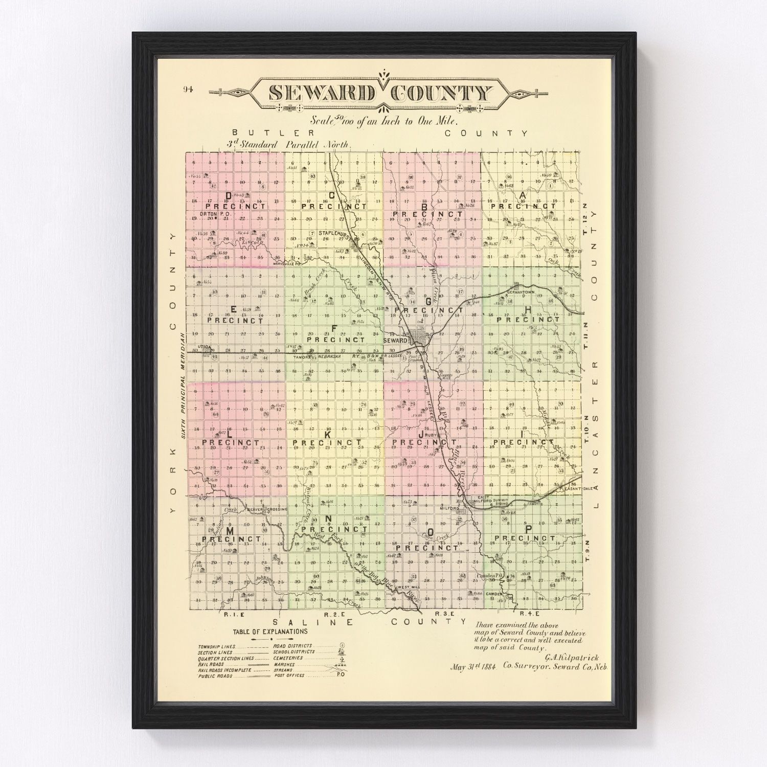 Vintage Map of Seward County, Nebraska 1885