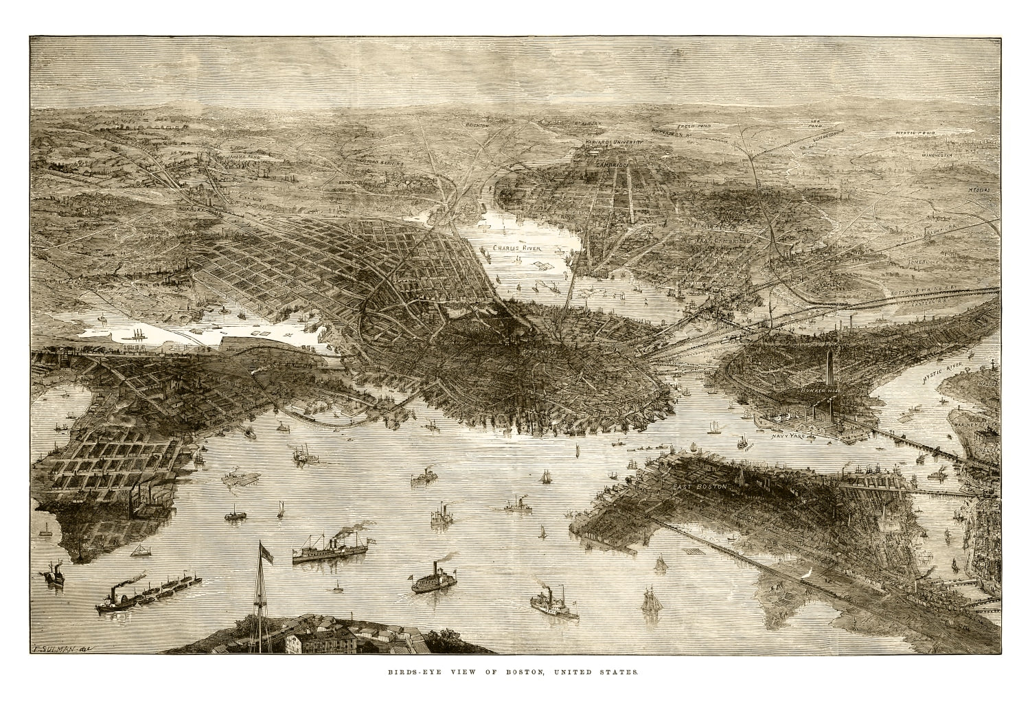 Vintage Map of Boston, Massachusetts 1870