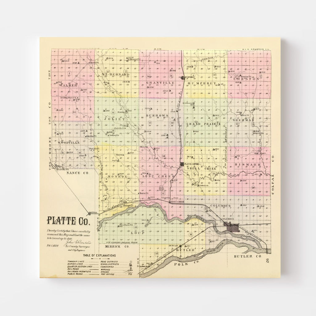 Vintage Map of Platte County, Nebraska 1885