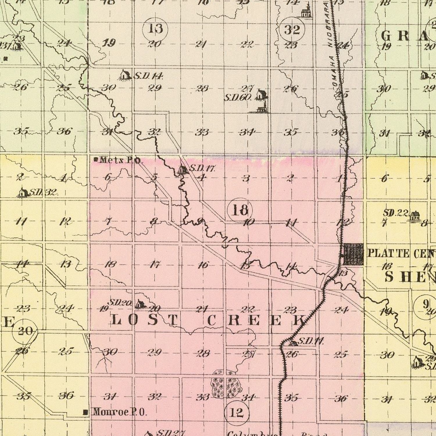 Vintage Map of Platte County, Nebraska 1885