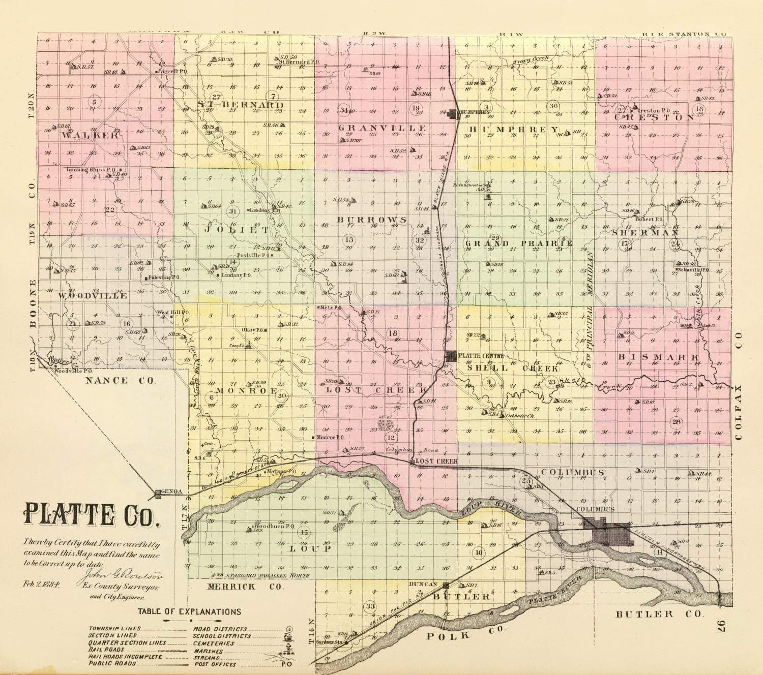 Vintage Map of Platte County, Nebraska 1885