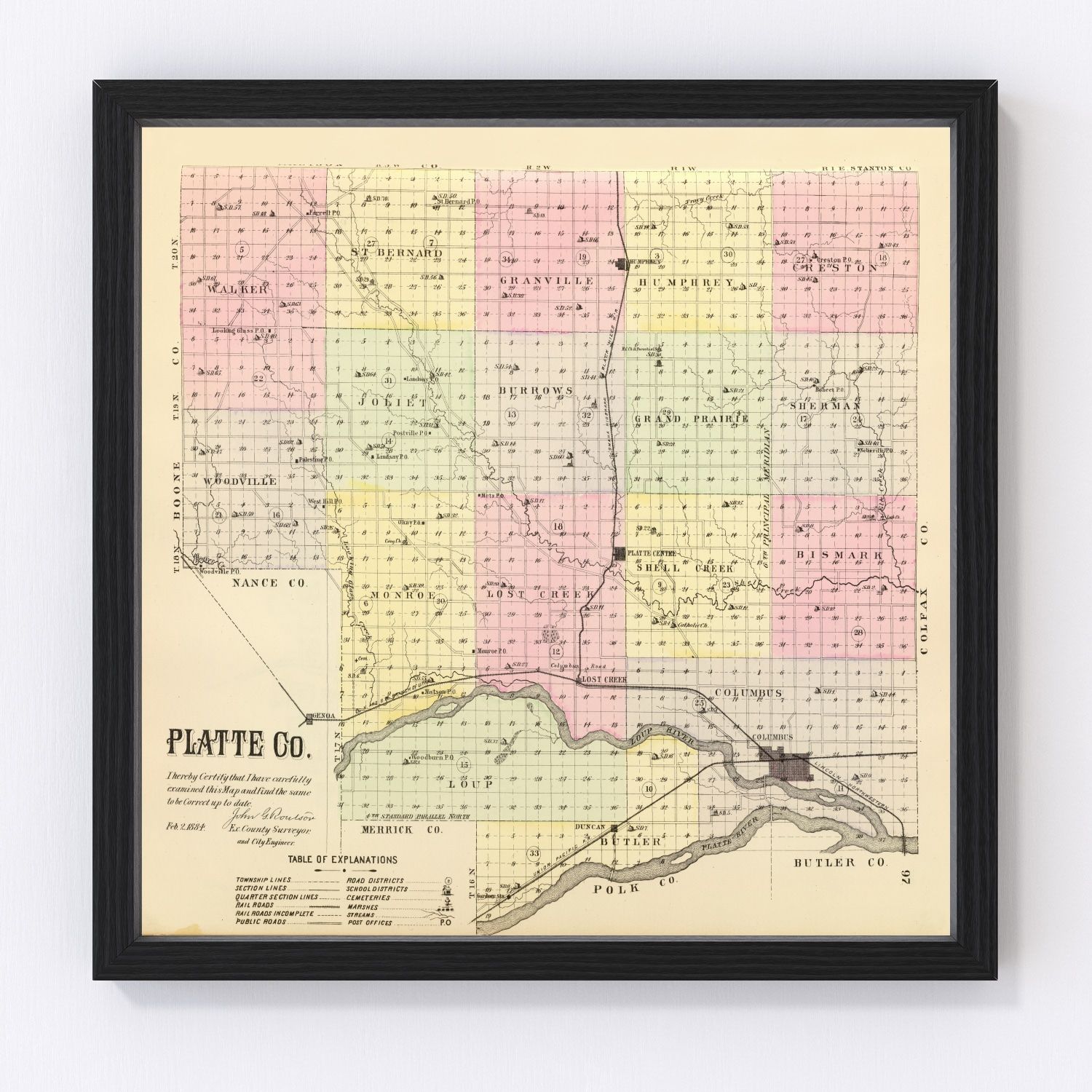 Vintage Map of Platte County, Nebraska 1885