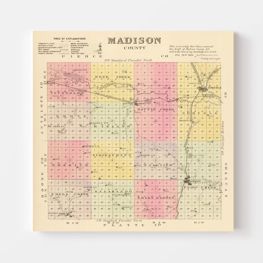 Vintage Map of Madison County, Nebraska 1885