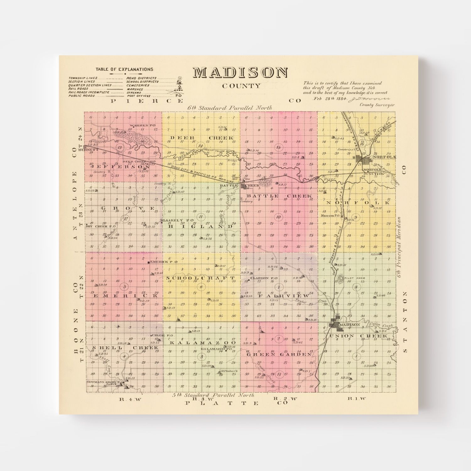 Vintage Map of Madison County, Nebraska 1885