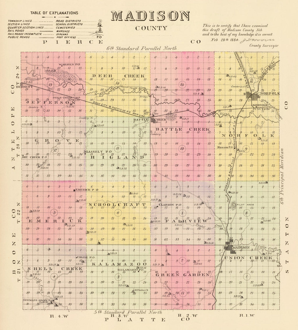 Vintage Map of Madison County, Nebraska 1885
