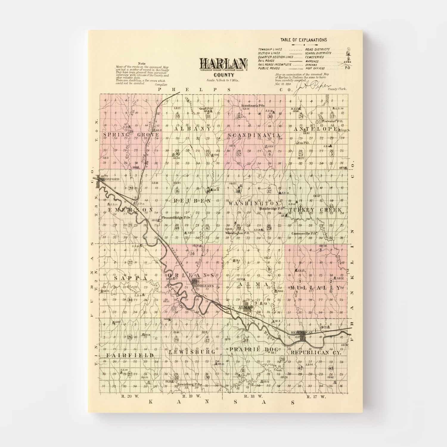 Vintage Map of Harlan County, Nebraska 1885