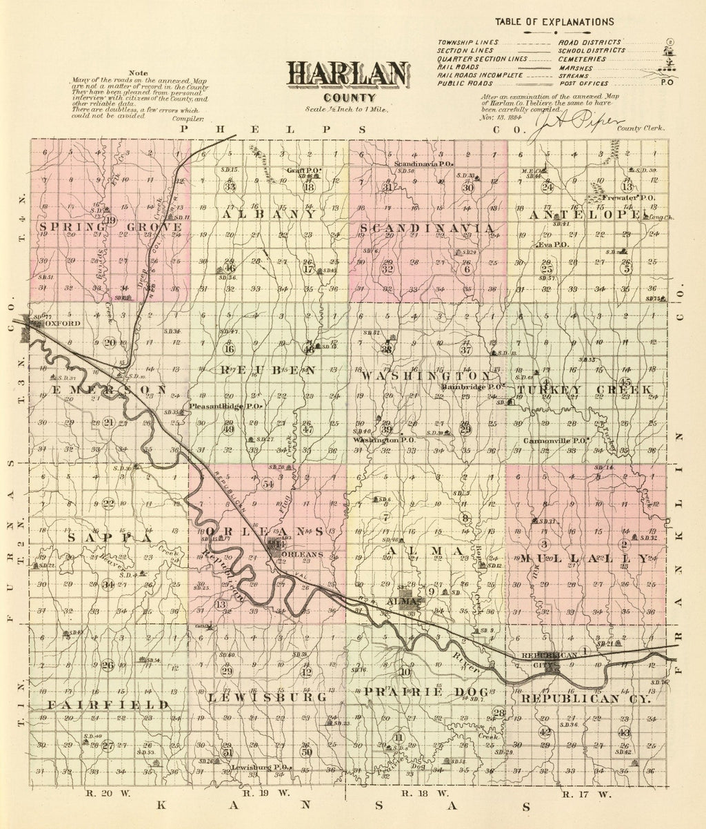 Vintage Map of Harlan County, Nebraska 1885