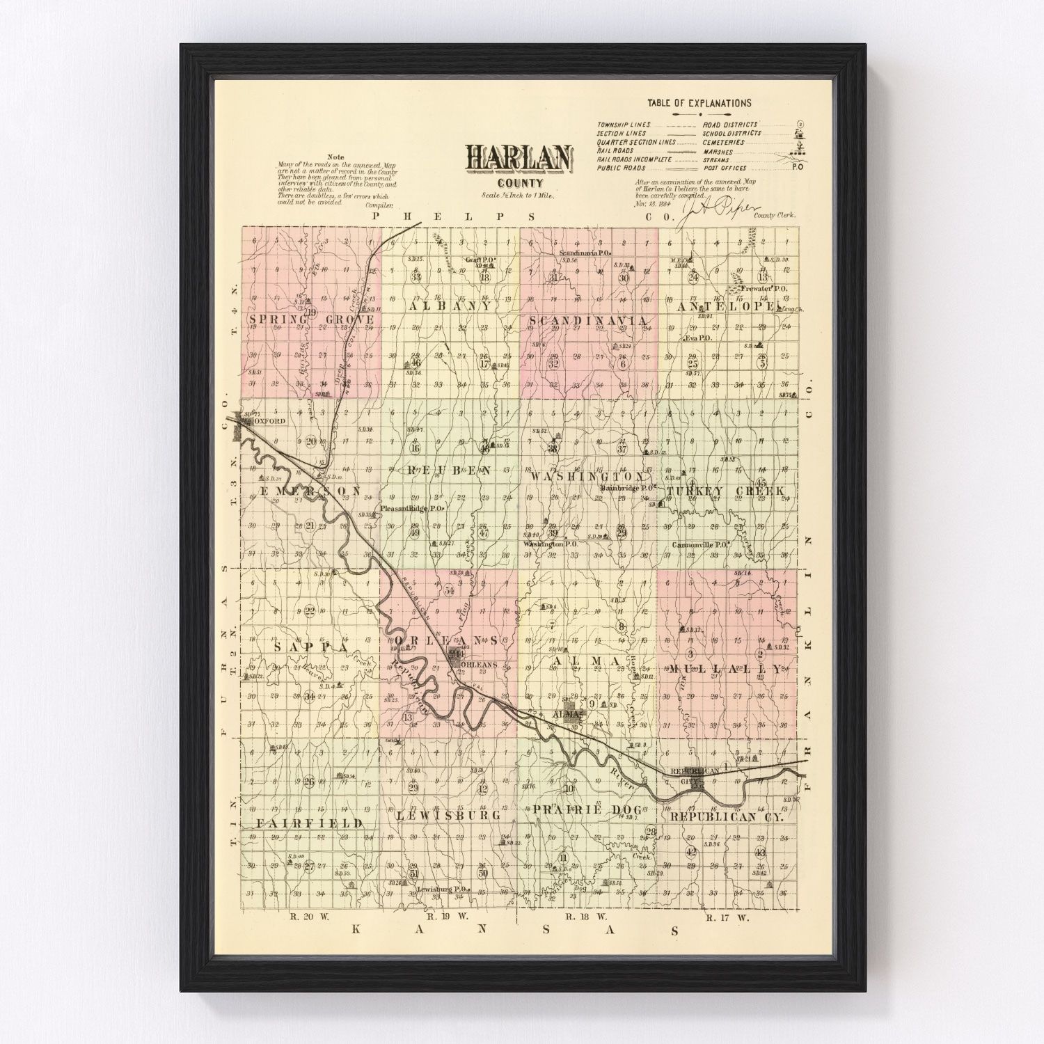 Vintage Map of Harlan County, Nebraska 1885