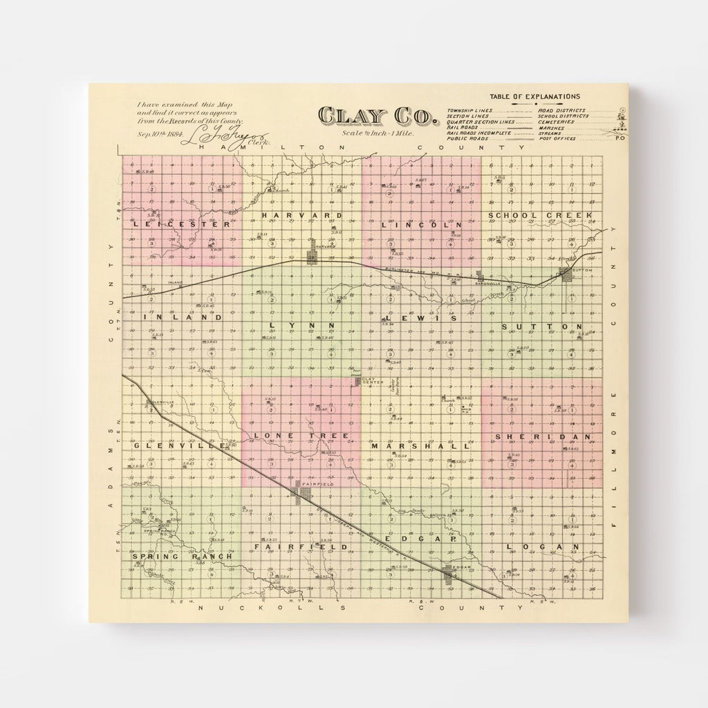 Vintage Map of Clay County, Nebraska 1885