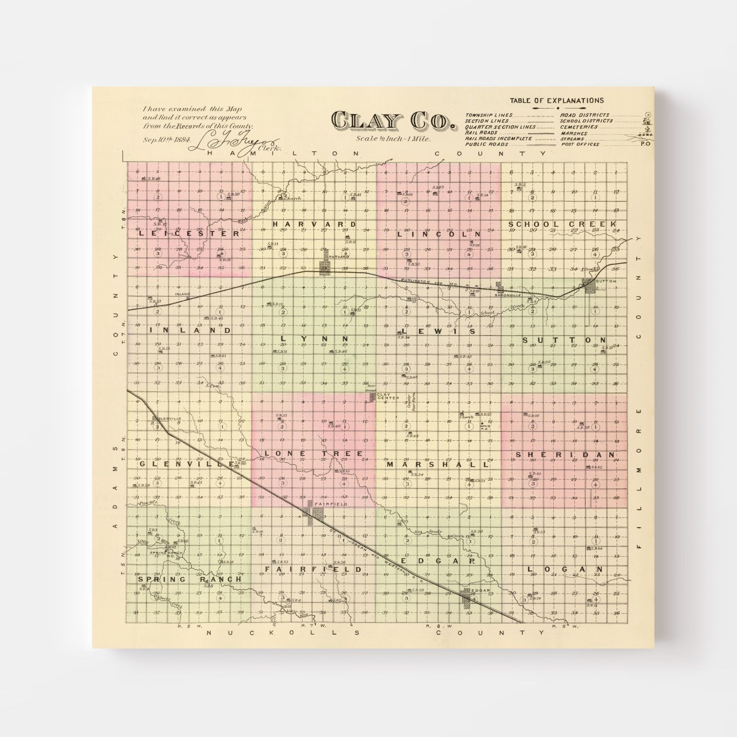 Vintage Map of Clay County, Nebraska 1885