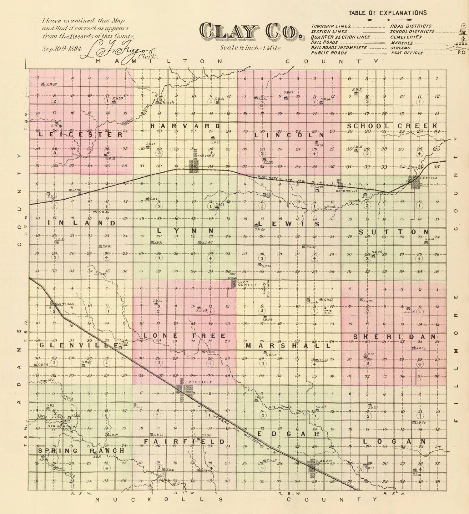 Vintage Map of Clay County, Nebraska 1885