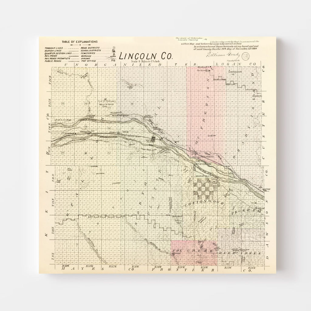 Vintage Map of Lincoln County, Nebraska 1885