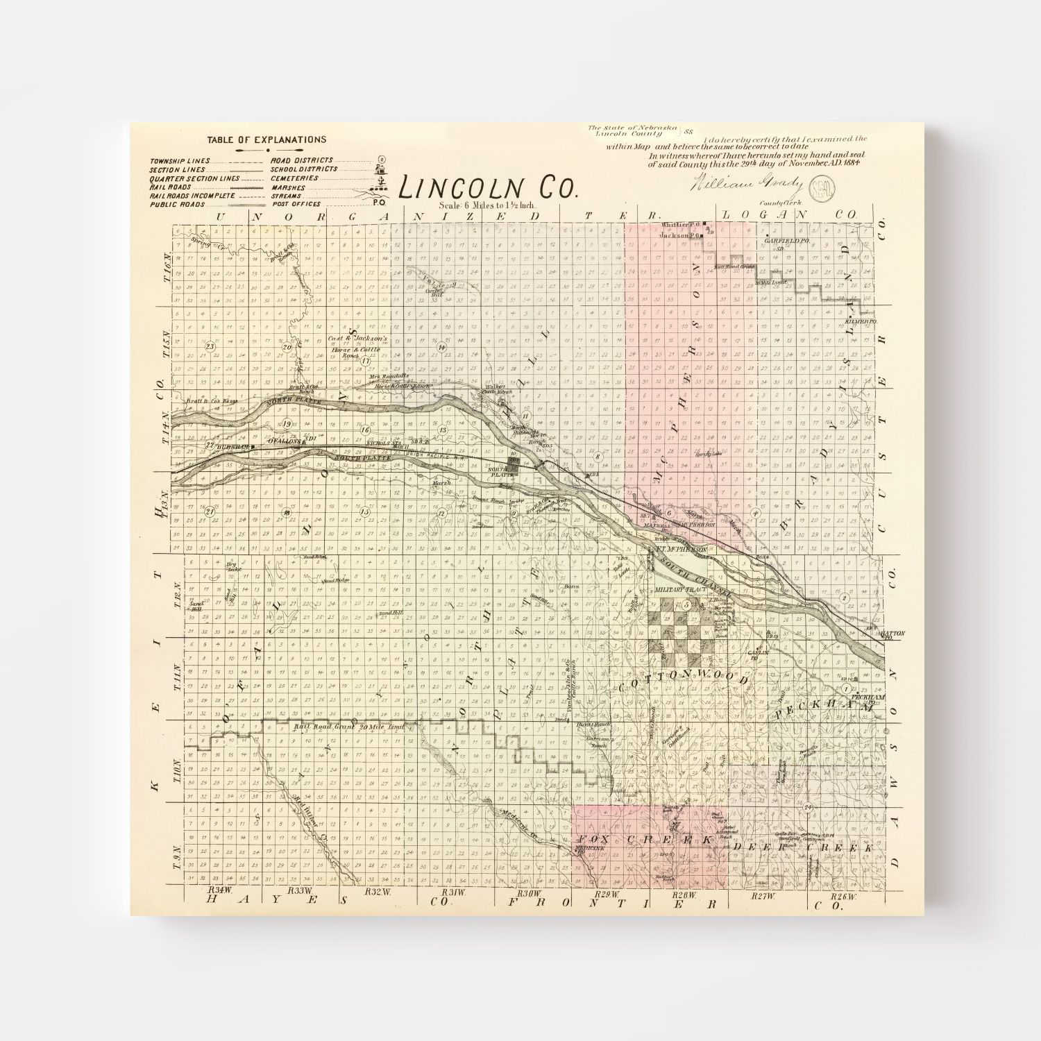 Vintage Map of Lincoln County, Nebraska 1885