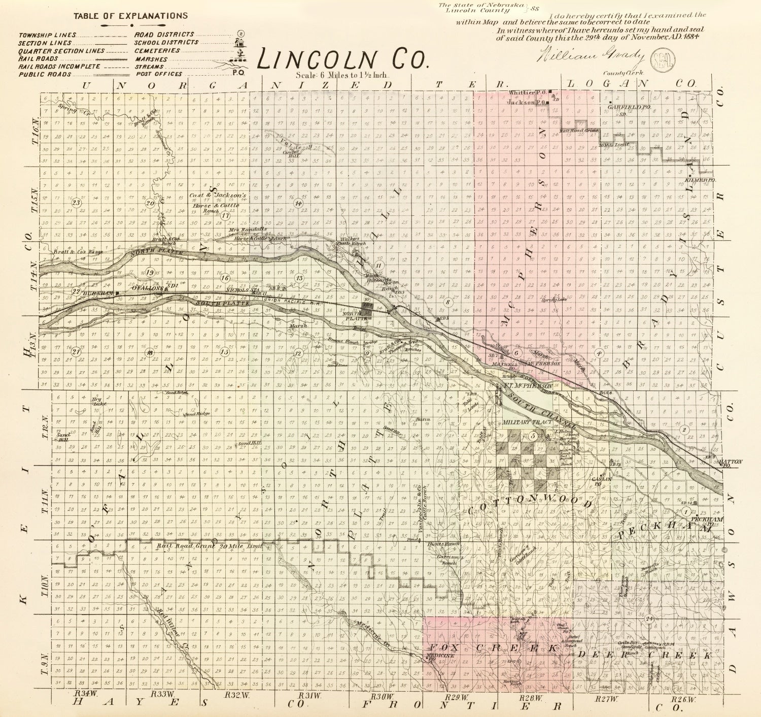 Vintage Map of Lincoln County, Nebraska 1885